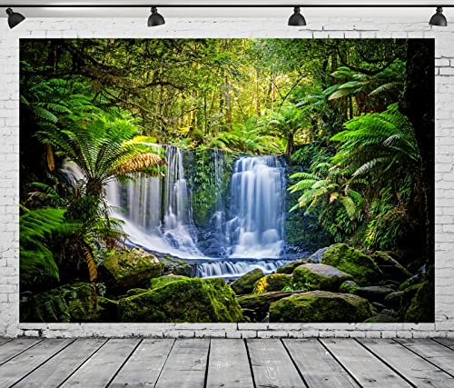 BELECO 12x8ft Fabric Jungel Forest Waterfall Photography Backdrop Tropical Rainforest Cascade Green Trees Landscape Background Walking Travel Outdoor Camping Activity Photo Shoot Studio Props - size: 12x8FT