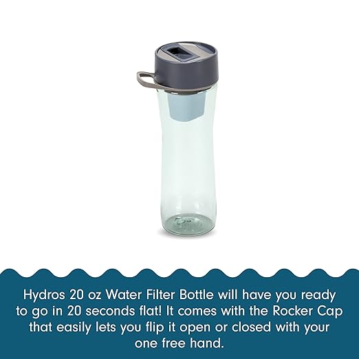 Hydros Water Filter Bottle, 20 Oz, Patented Fast Flo Tech, Dishwasher Safe, 20 Second Quick Fill, Leak Proof, BPA Free, Green
