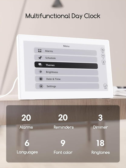 Raynic Digital Clock,10.1 Inch Large Display Calendar Clock with 12 Themes, 20 Alarms, 20 Reminders, Auto Dimming, 12/24 Hours for Seniors, Desk (White, 10.1 Inches)