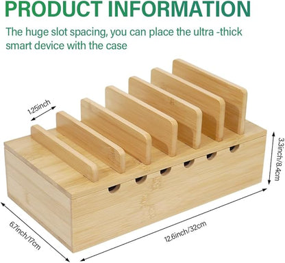 LEOKKARR Bamboo Charging Station for Multiple Devices, Desk Docking Stations Organizer Compatible with iPhone Devices, Wood Charging Cell Phone Holder Stand (Includes 6 Cables) (NO Power Supply)