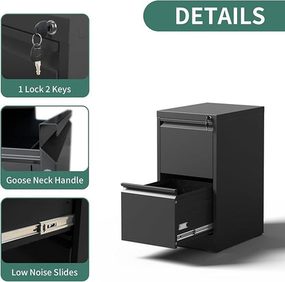 FLIXELIO 2 Drawer File Cabinet with Lock,Metal Vertical Filing Cabinets for Home Office,Heavy Duty File Storage Cabinet for Letter/Legal/A4/F4 Size File,Assembly Require (Black, Vertical 2 Drawer)