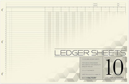 BookFactory Ledger Sheets/Large 10 Column Accounting Ledger Columnar (Ten Columns) Loose Leaf Paper - 17'' x 11'', 50 Pages, Loose Leaf, 3 Hole Punched (Made in USA)
