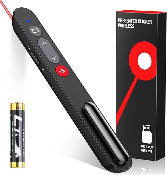 Presentation Clicker, Wireless Presenter Clicker with AAA Battery for PowerPoint Slide with Hyperlink & Volume Control, Presentation Remote for Mac/Computer/Laptop, Google Slide/PPT/Keynote