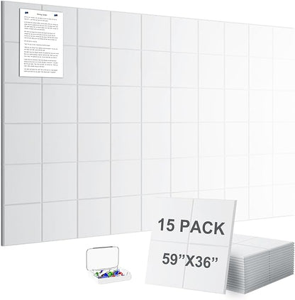G Gamit Large Felt Wall Tiles Bulletin Board 59”x36”,Large Cork Board Alternative with 60 Pushpins, 15-Pack Felt Pin Board with 112 Safe Removable Adhesive Tabs for Home Office School (White)