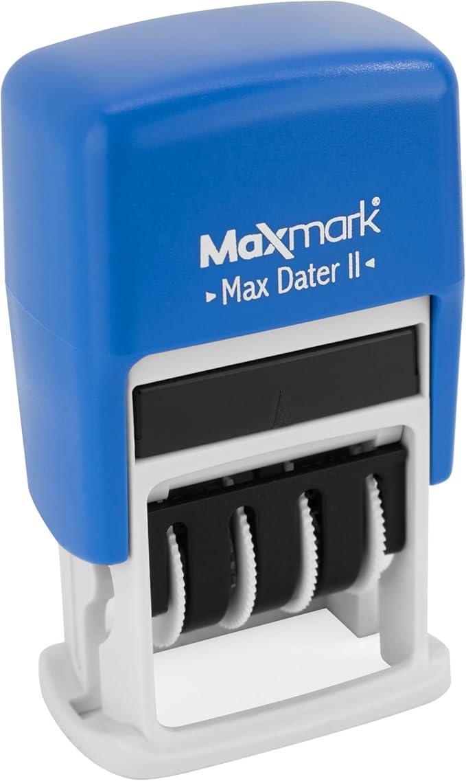 MaxMark Self-Inking Rubber Date Office Stamp with Scanned Phrase & Date - Blue Ink (Max Dater II), 12-Year Band