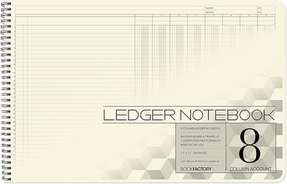 BookFactory Accounting Ledger Notebook/Large 8 Column Accounting Ledger Columnar (Eight Columns) Log Book - 17'' x 11'', 100 Pages, Wire-O Landscape Format (Made in USA)