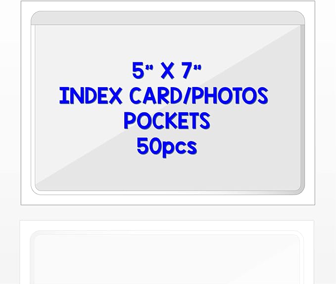 Clear Adhesive 5" x 7" Index Card Pockets with Top Open for Loading, 50 Pack, Plastic Labels Holders for Storage Bins and Library Card, Organizing and Protecting Your Index Cards or Photos