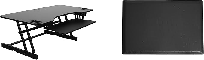 Rocelco 45" Height Adjustable Standing Desk Converter with Anti Fatigue Floor Mat and Slide Out Retractable Keyboard Tray - Sit Stand Up Triple Screen Tabletop Riser - Black (R ADRB-45-MAFM)