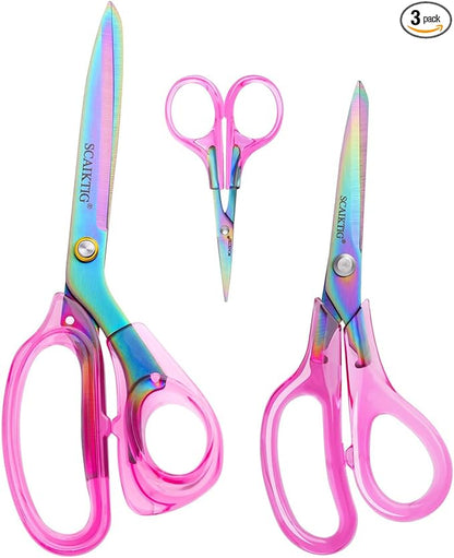 SCAIKTIG Acrylic Scissors Set, Office Scissors for Desk Heavy Duty, Pink Clear Comfort-Grip Handles and Titanium Coated Blades, Sharp Scissors all Purpose for Sewing, Art, Craft, School, Home Supplies