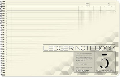 BookFactory Accounting Ledger Notebook/Large 5 Column Accounting Ledger Columnar (Five Columns) Log Book - 17'' x 11'', 100 Pages, Wire-O Landscape Format (Made in USA)