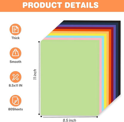 Cardstock 8.5 X 11, 80 Sheets 10 Colors Card Stock, 75lb/ 200gsm Copy Paper, Cardstock Printer Paper For Art, Drawing, Invitations, DIY Cards, Watercolor, Craft, Construction, School & Office Supplies