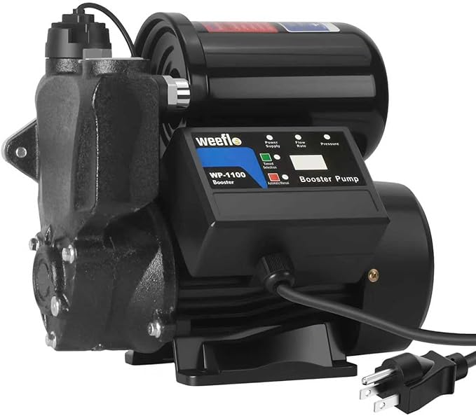 Weeflos 1.5HP Automatic Booster Pump, 1600 GPH Water Pump, 100ft Max Head, Mechanical Pressure Switch, Self-Priming Utility Pump for Shower, Irrigation, Basement, Garden, Pool (1.5HP/100FT)