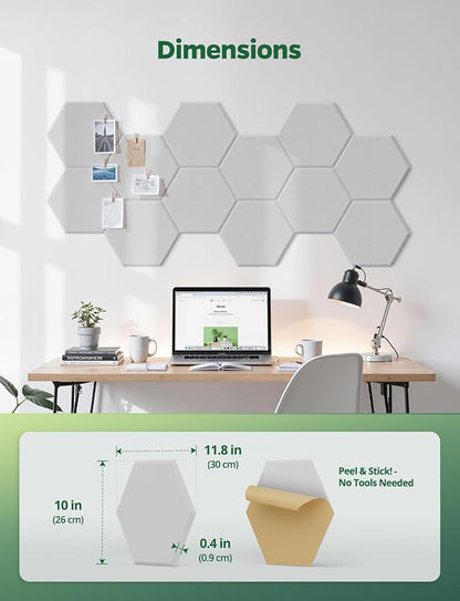 Large Bulletin Board 12" x 10", 12 Pack White Cork Boards for Walls, Self-Adhesive Hexagon Felt Pushpins Wall Tiles, Display for Messages, DIY Notice, Photo Decorations, Classroom, Office, Bedroom
