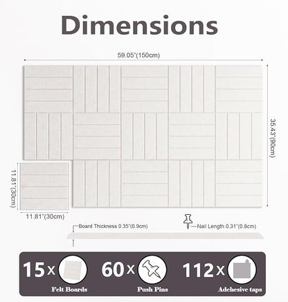 G Gamit Large Felt Wall Tiles Bulletin Board 59”x36”,Large Cork Board Alternative with 60 Pushpins, 15-Pack Felt Pin Board with 112 Safe Removable Adhesive Tabs for Home Office School (Oatmeal)