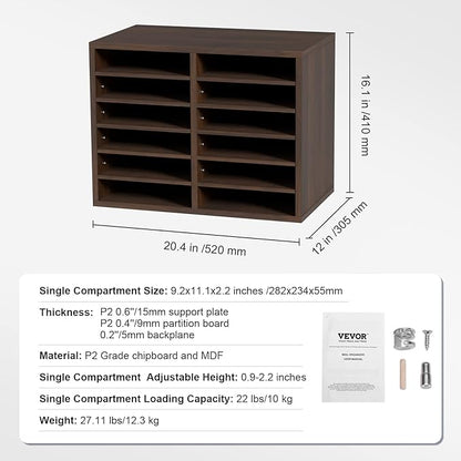 VEVOR Literature Organizers, 12 Compartments Office Mailbox with Adjustable Shelves, Wood Literature Sorter 20.4x12x16.1 inches for Office, Home, Classroom, Mailrooms Organization, EPA Certified Brown
