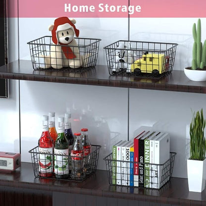 LeleCAT Black Wire Storage Baskets, Metal Household Storage Organizer for Kitchen，Pantry, Shelf, Freezer, Bathroom，Black 2 Pack