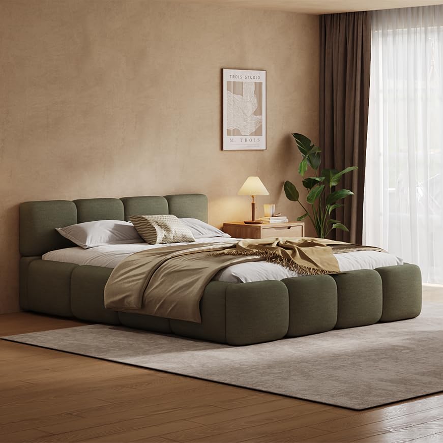 Queen Linen Blend Platform Bed, Thick Headboard and Footboard, Green