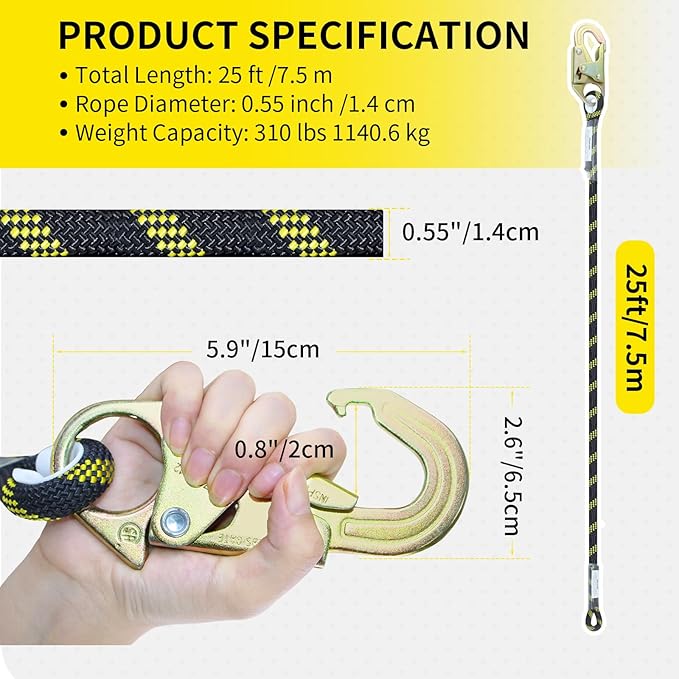 25FT Heavy Duty Fall Protection Safety Rope, Vertical Lifeline Assembly with Shock Absorber & Grab Snap Hooks, Rope Harness Safety Lanyard for Tree Climbing Roofing Safety