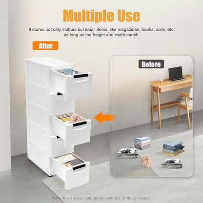 YARDOMGAR 5-Drawer Storage Cabinet with Removable Drawers - 7.87x15.75×33.07in White PP Vertical Plastic Storage Drawers for Toys & Home Decor, 22lbs Capacity (B-White)