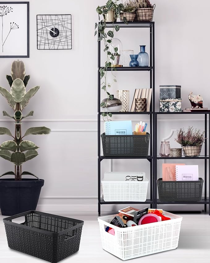 Set of 6 Baskets For Organizing, Plastic Storage Bins and Small Basket for Organization and Storage Shelves Drawers Desktop Closet Playroom Classroom Office, Black