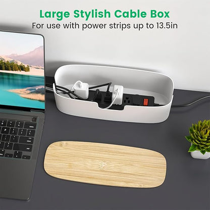 Large Cable Management Box - Cord Organize Box with Bamboo lid for Safe Home & Office, Cord Hider for Power Strip Under Desk, Cover TV Wires, Child & Pet Proof Cord Box, White