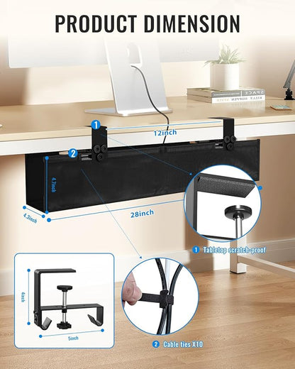 No Drill Cable Management Under Desk, 28" Cord Organizer for Table, Clamp/Screw Mount Cable Tray, Premium Black Fabric Desk Cord Management Tray for Office, Home (Regular (28 in))