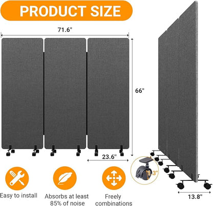 Soundproof Room Divider W/Wheels, 66in Office Dividers for Sound Proofing & Reducing, Sound Proof Dividers for Office Partitions Portable Acoustic Wall Divider (Dark Grey, 3 Panel+3 Panel)