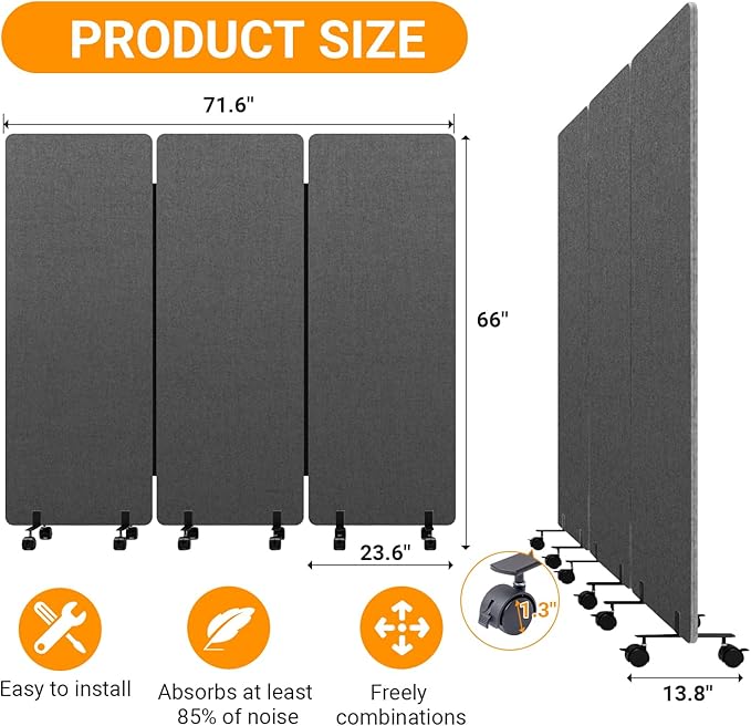 Soundproof Room Divider with Wheels, 66in Office Dividers for Sound Proofing & Reducing, 3 Panel Sound Proof Dividers for Office Partitions Portable Temporary Wall Acoustic Wall Divider，Dark Grey