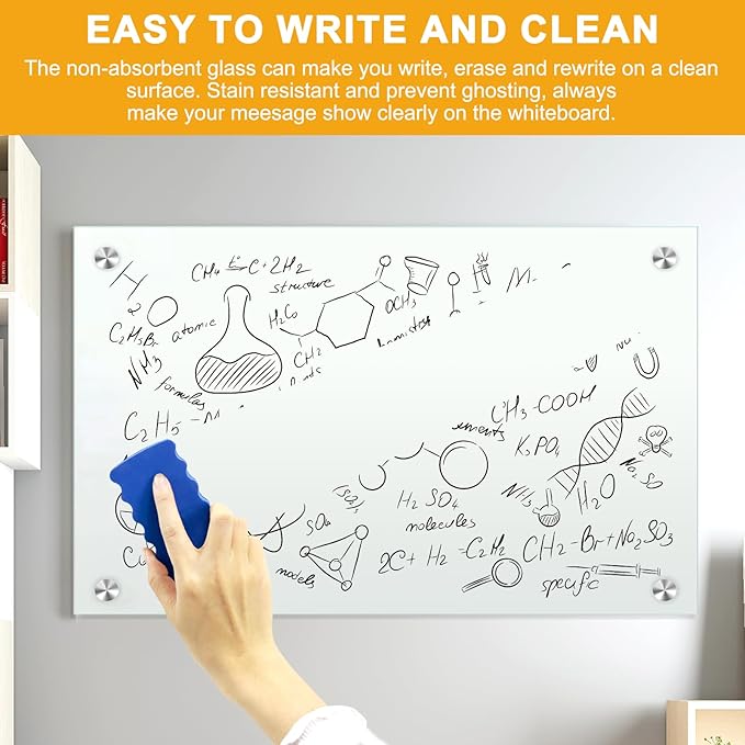 H-Qprobd Glass Whiteboard 36"x24" Magnetic Dry Erase White Board for Wall, Includes 12 Magnets, 8 Markers and 2 Erasers