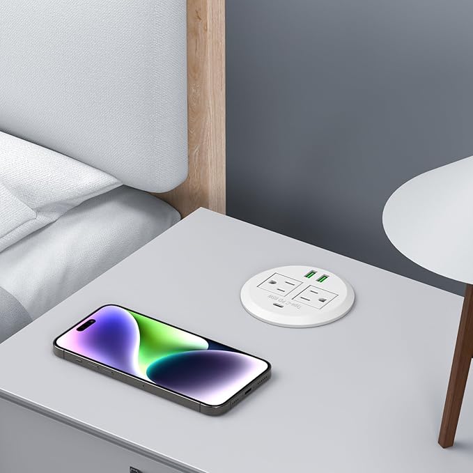 3-inch Desktop Power Grommet,Max 65W USB C Charger,2 Outlets and 3 USB, High-Speed Charging Station, Flush Mount Desk Hole Round Power Outlet, Recessed Power Strip,6ft Cord Flat Plug