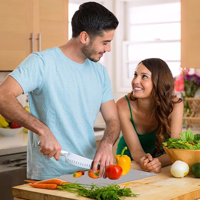 ZVP Plastic Cutting Boards for Kitchen, Flexible Cutting Mats, Gradient Gray Chopping Boards with Food Icon, Non-Slip, Non Porous, BPA Free, Dishwasher Safe