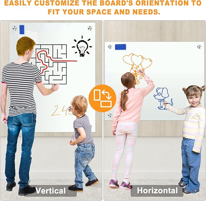 H-Qprobd Glass Whiteboard 60"x40" Magnetic Dry Erase White Board for Wall, Includes 12 Magnets, 8 Markers and 2 Erasers