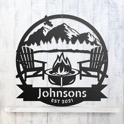 RealSteel Personalized Mountain Campfire Monogram Metal Sign – Custom Family Name Rustic Wall Art for Cabin, Campground, RV & Backyard Fire Pit – Outdoor Camping Décor – Unique Personalized Gift – USA