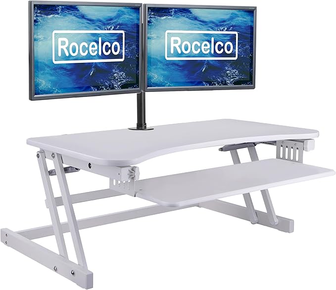 Rocelco 37.5" Height Adjustable Standing Desk Converter with Dual Monitor Mount and Anti-Fatigue Mat - Slide Out Retractable Keyboard Tray - Sit Stand Up Tabletop Riser - White (R DADRW-DM2-MAF)