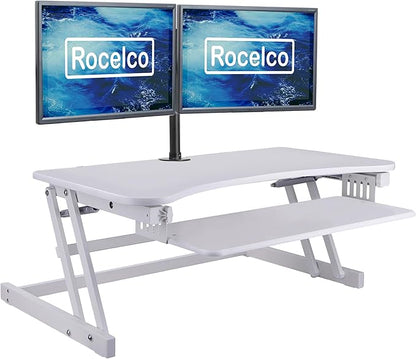 Rocelco 37.5" Height Adjustable Standing Desk Converter with Dual Monitor Mount and Anti-Fatigue Mat - Slide Out Retractable Keyboard Tray - Sit Stand Up Tabletop Riser - White (R DADRW-DM2-MAF)