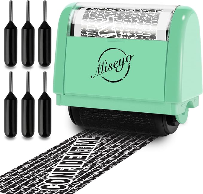 Miseyo Identity Theft Protection Roller Stamp Set - Mint Green (6 Refill Ink Incleded)