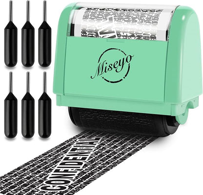 Miseyo Identity Theft Protection Roller Stamp Set - Mint Green (6 Refill Ink Incleded)