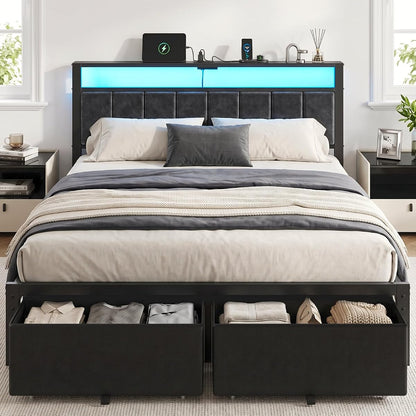 Queen Size Bed Frame with Upholstered Headboard and 2 Storage Drawers