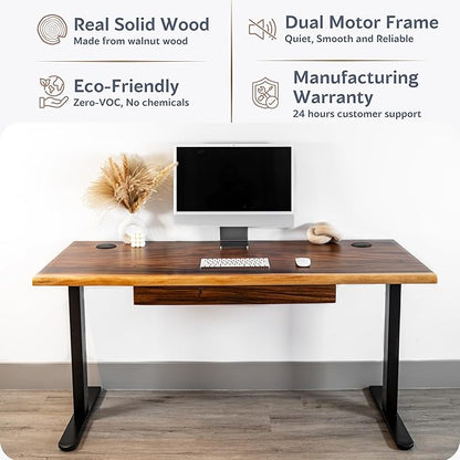 Standing Desk with Drawer – Walnut Solid Wood Desk, Natural Live Edge, Adjustable Height Dual Motor, Sit Stand for Home Office (Black, W48 x D27)
