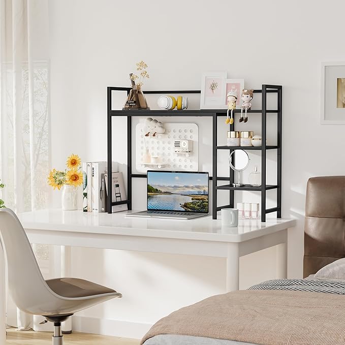 Snughome Desk Shelf, 38.6" Desk Hutch for Computer Monitor, Desktop Organizer Shelf, 4 Tier Desk Display Rack, Wood Desktop Bookshelf Storage Rack for Home Office Dorm, Black