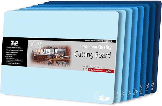 ZVP Plastic Cutting Boards for Kitchen, Flexible Cutting Mats, Gradient Blue Chopping Boards with Food Icon, Non-Slip, Non Porous, BPA Free, Dishwasher Safe