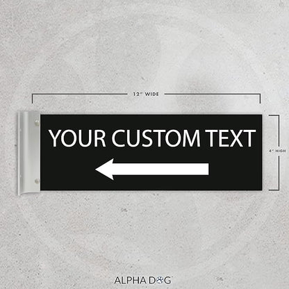 ALPHA DOG SIGNS Custom Projecting Hallway Sign, 4"x12" Double-Sided Business Plaque Left Arrow, Personalized Indoor Outdoor Wayfinding, Easy Install, Durable, Made in USA (Black)