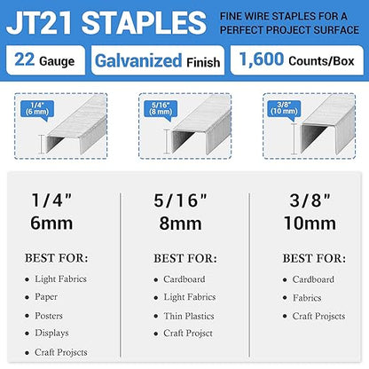 meite JT21 Staples, 5/16 Inch Galvanized Fine Wire Staples for Staple Gun - 7/16" Crown JT21 Staple Refill, Ideal for Upholstery, Crafts, Furniture (10 Packs)
