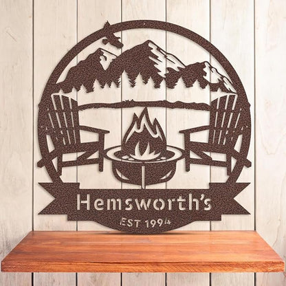 RealSteel Personalized Mountain Campfire Monogram Metal Sign – Custom Family Name Rustic Wall Art for Cabin, Campground, RV & Backyard Fire Pit – Outdoor Camping Décor – Unique Personalized Gift – USA