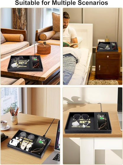 Gifts for Dad Valet Tray, Built-in Wireless Charger, Nightstand Organizer, Dresser Organizer, Mens Jewelry Box, Valet Charging Station, Gifts for Dad from Daughter Son Wife, Black