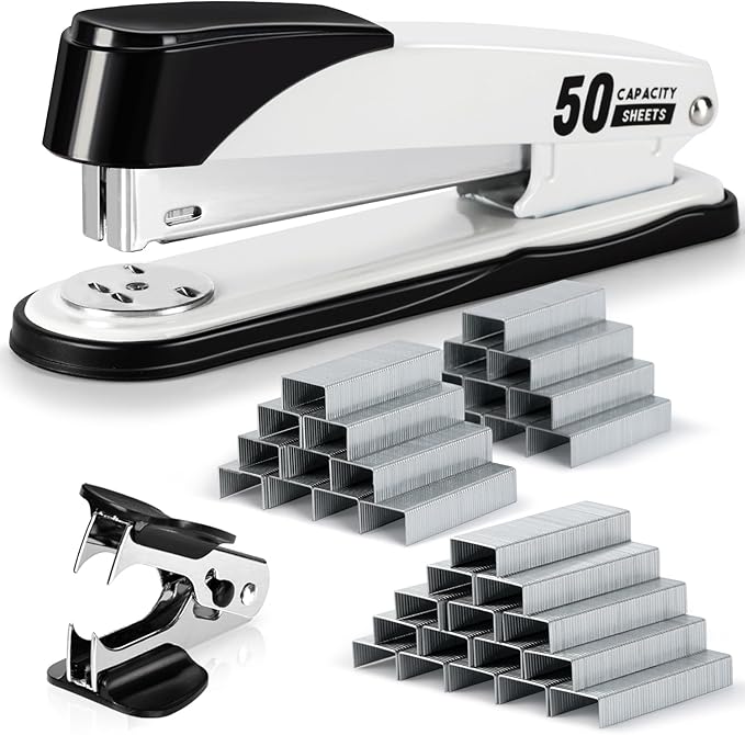 Deli Stapler Heavy Duty, Full Strip Staplers for Desk with 2000 Staples and Staple Remover, 50 Sheet Capacity, No Jam, Non-Slip Office Stapler with Staples for Office, Classroom, White