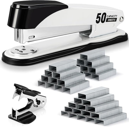 Deli Stapler Heavy Duty, Full Strip Staplers for Desk with 2000 Staples and Staple Remover, 50 Sheet Capacity, No Jam, Non-Slip Office Stapler with Staples for Office, Classroom, White