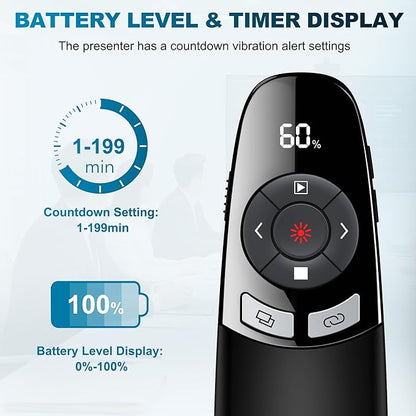 Wireless Presentation Clicker with Red Laser Pointer and Battery & Timer Display, Powerpoint Clicker for Mac Windows Keynote Google, Presenter Remote PPT Remote for Powerpoint Presentations