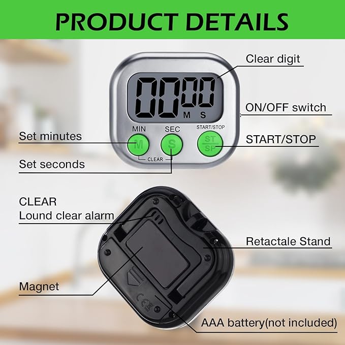 Leumoi 24 Pcs Digital Kitchen Timers Magnetic Back Timers Bulk Large Screen Loud Alarm On/Off Switch Minute Second Count up Countdown Memory Setting for Cooking Classroom Exercise (Sliver and Green)