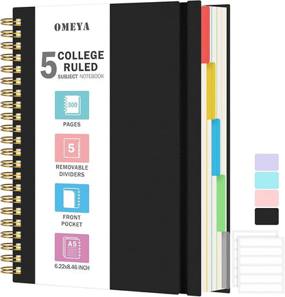5 Subject Notebooks College Ruled, Lined Notebook with Removable Dividers | 300 Pages 100GSM Thick Spiral Writing Journal for Women & Men, Small A5 Spiral Notebooks for Work, School Supplies, 6" x 8"